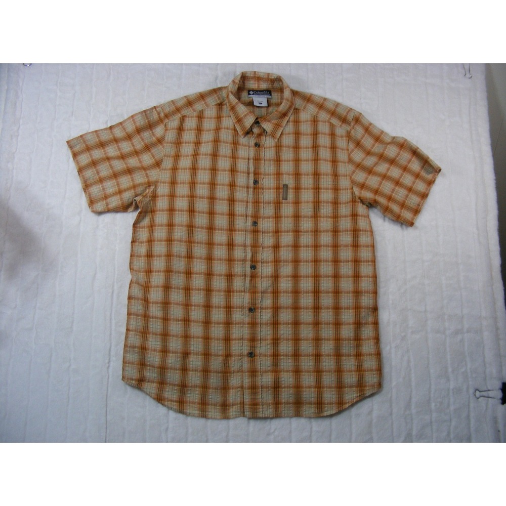 Columbia Button Up Shirt Mens Large Orange Plaid Excellent AM7793 Short Sleeve